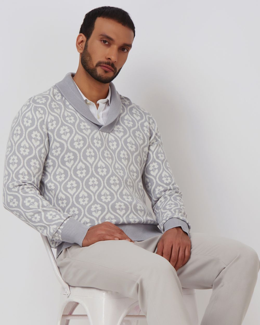 Light Grey Jacquard Slim Fit Sweater