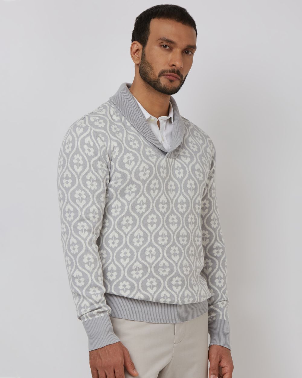 Light Grey Jacquard Slim Fit Sweater