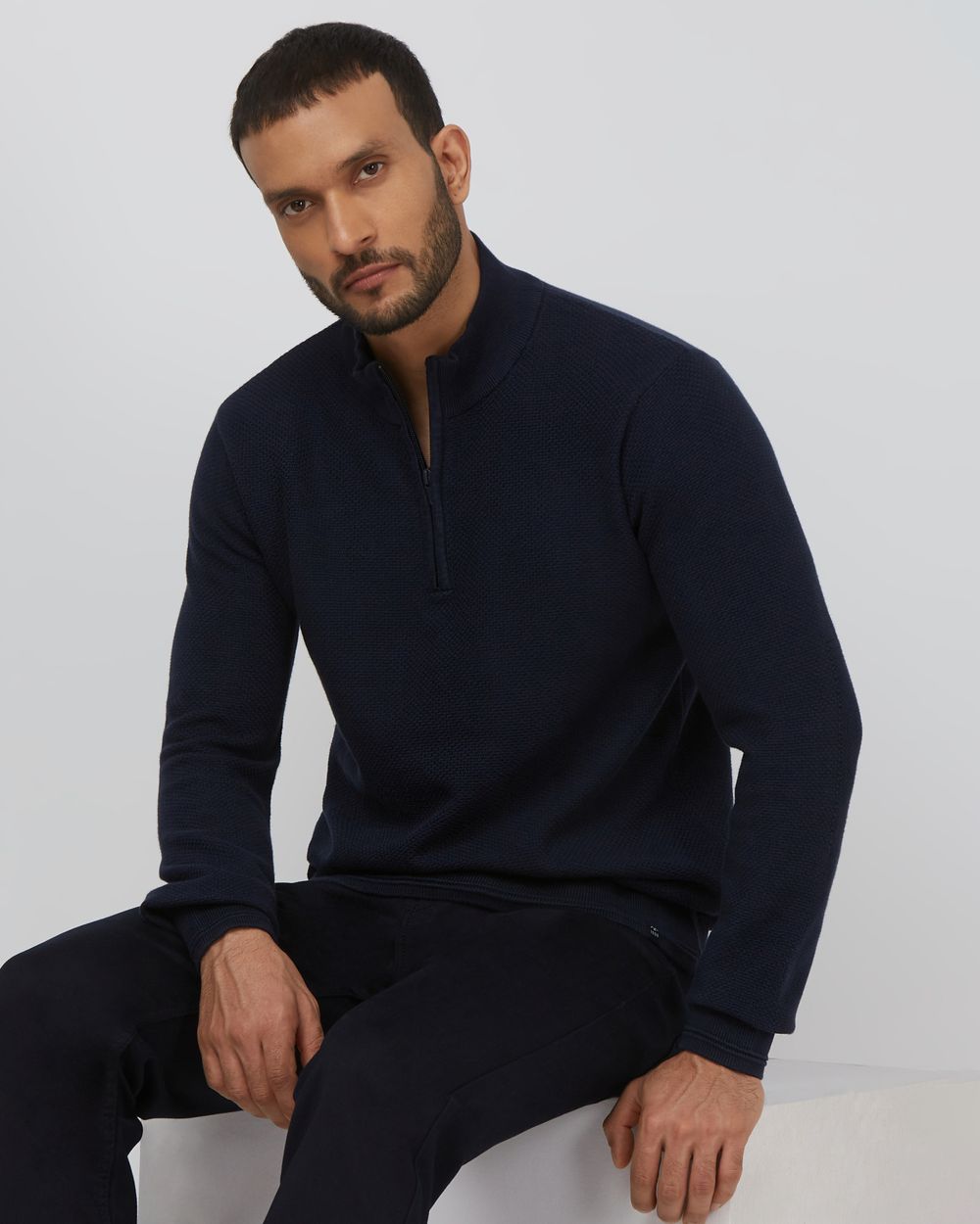 NAVY MOCK NECK HALF ZIP SLIM FIT SWEATER