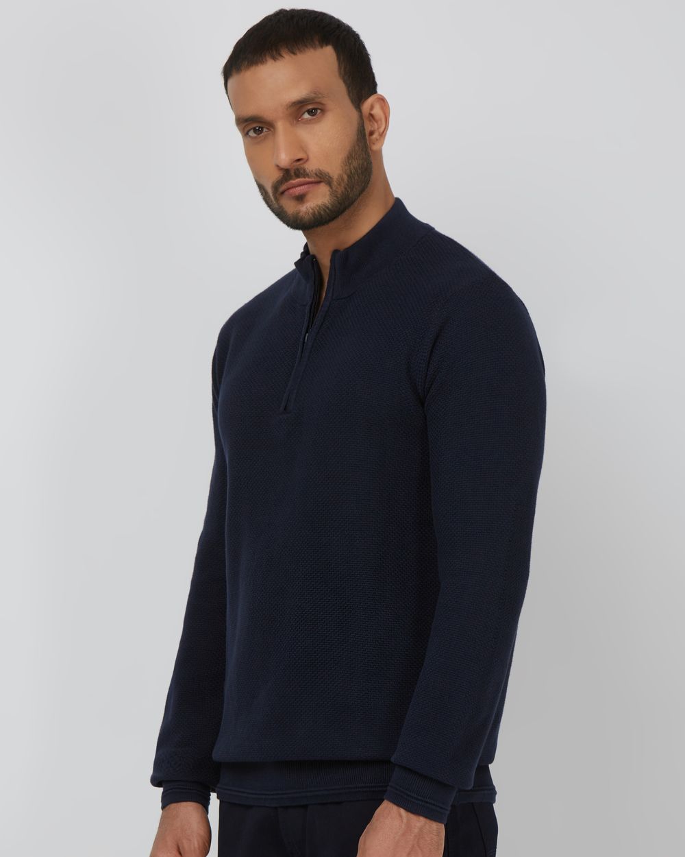 NAVY MOCK NECK HALF ZIP SLIM FIT SWEATER