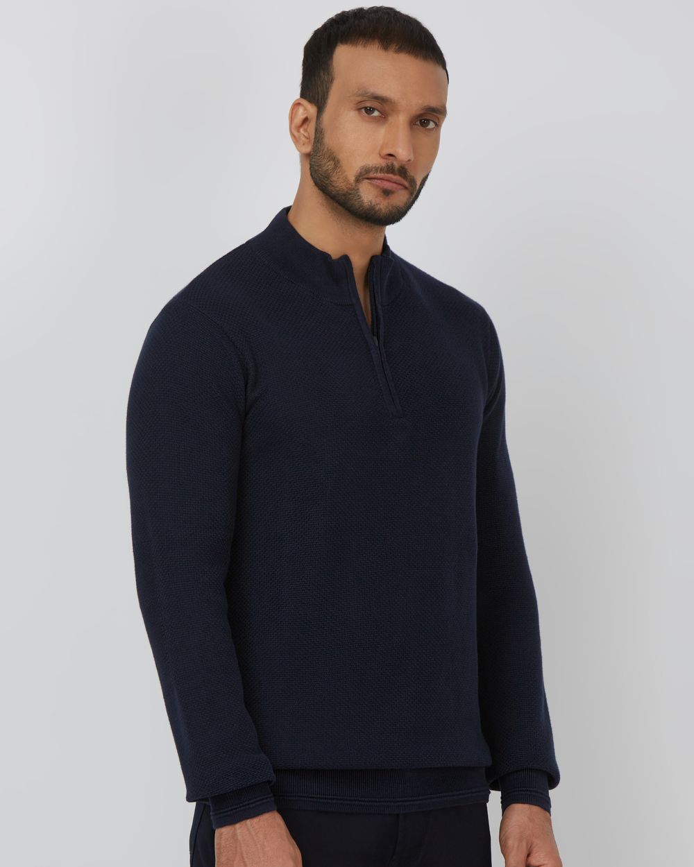NAVY MOCK NECK HALF ZIP SLIM FIT SWEATER