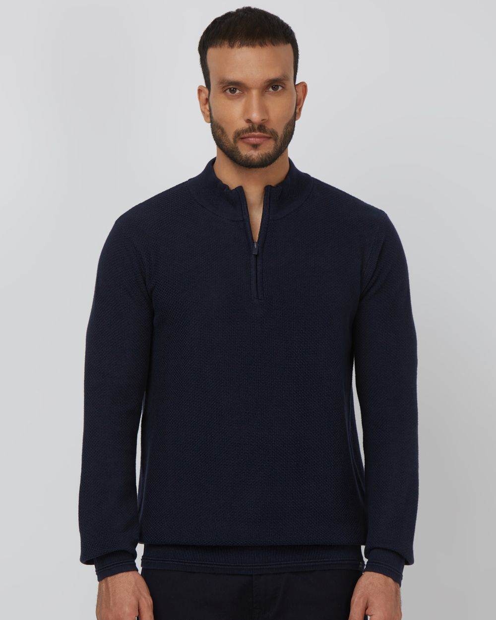 Buy Navy Mock Neck Half Zip Slim Fit Sweater Online at Muftijeans
