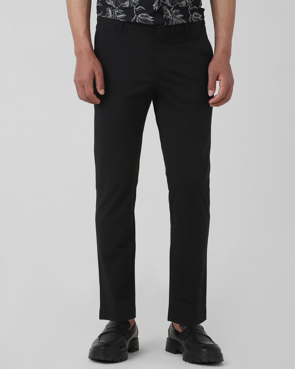 Black Ankle Length Jersey Flat Front Pants