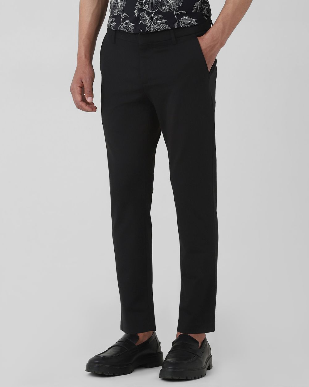Black Ankle Length Jersey Flat Front Pants