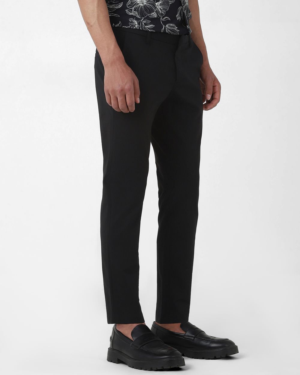 Black Ankle Length Jersey Flat Front Pants