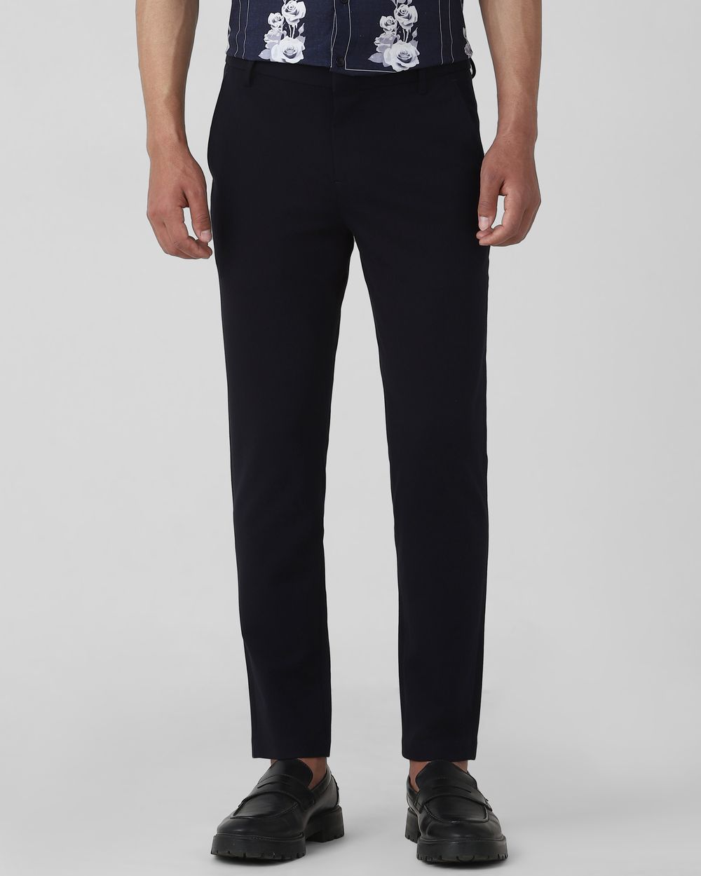 Navy Ankle Length Jersey Flat Front Pants