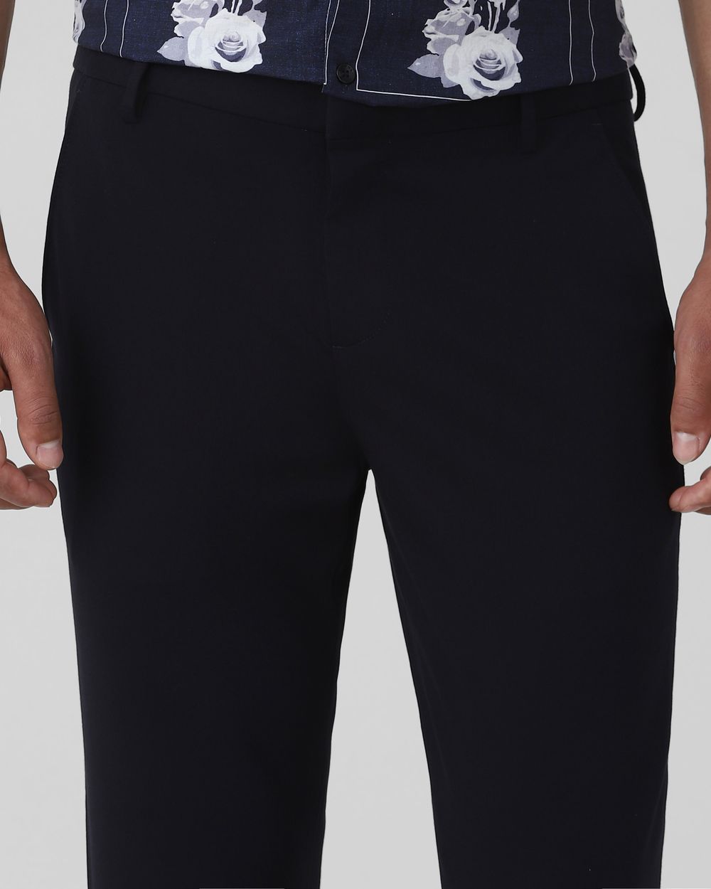 Navy Ankle Length Jersey Flat Front Pants