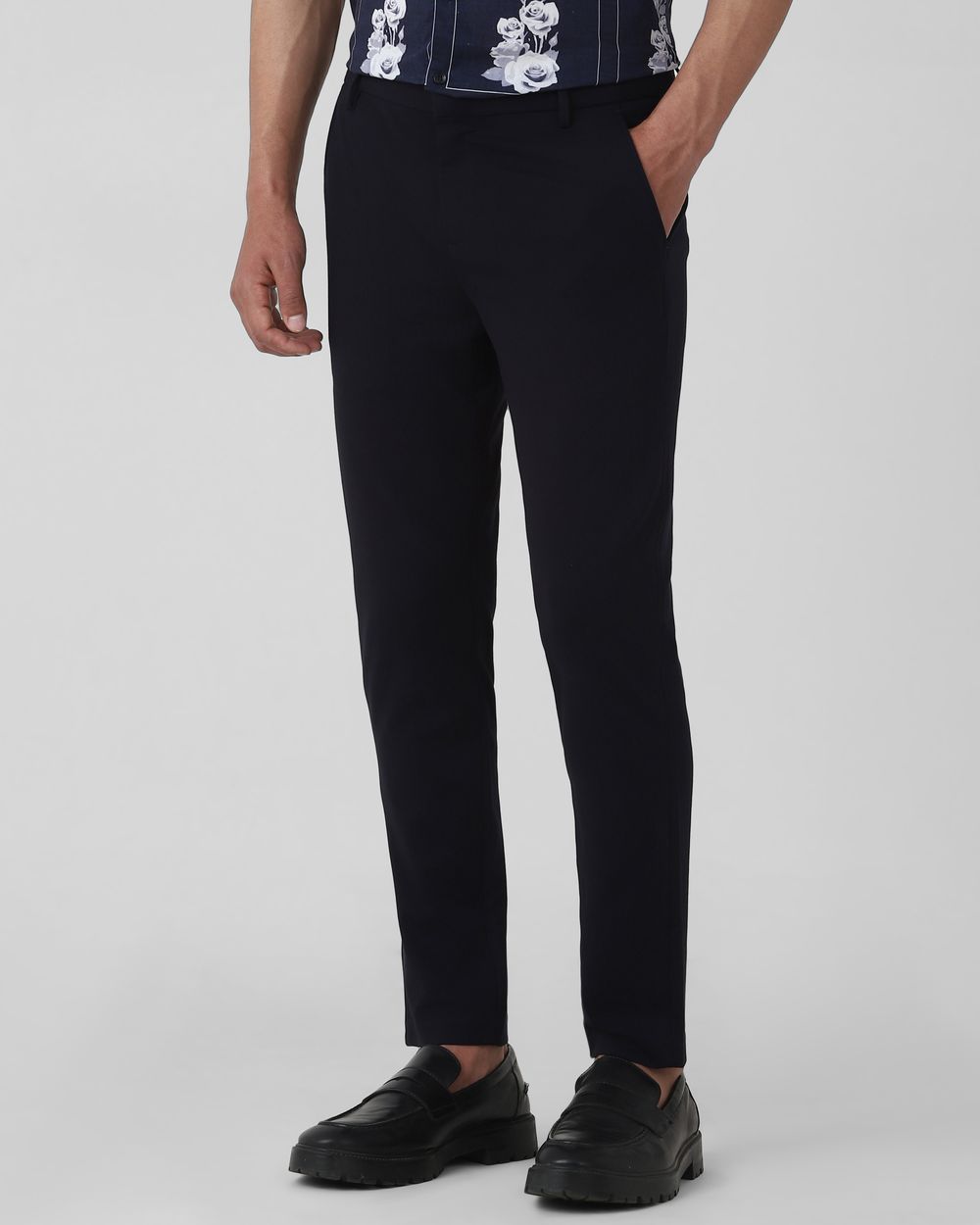 Navy Ankle Length Jersey Flat Front Pants