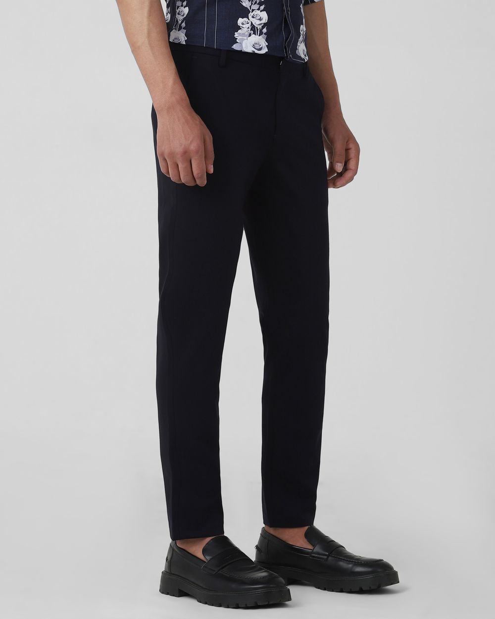 Navy Ankle Length Jersey Flat Front Pants