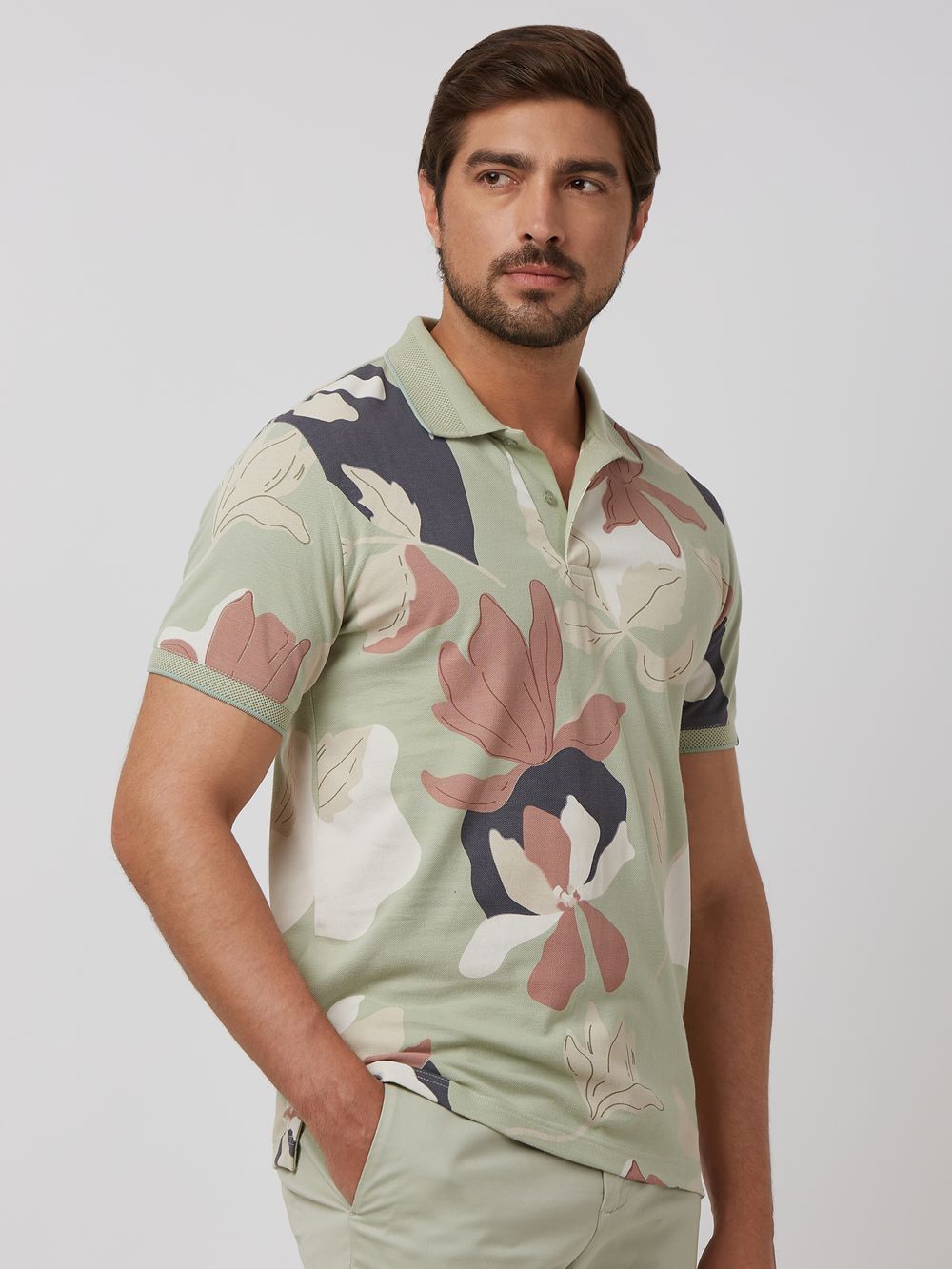 Light Green Floral Print Slim Fit Polo