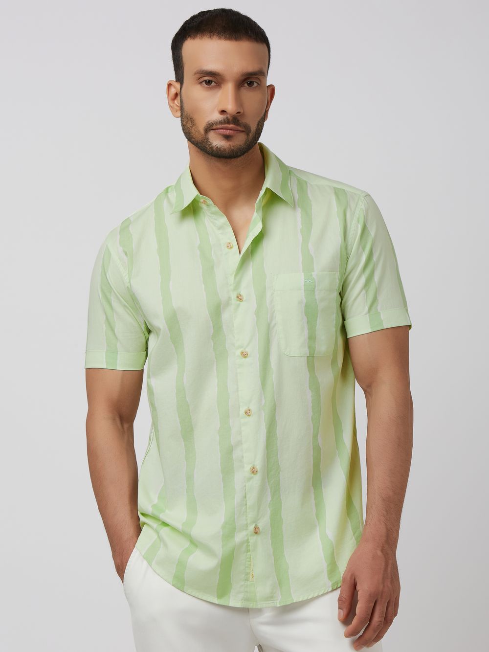 Light Green Painted Stripe Slim Fit Casual Shirt