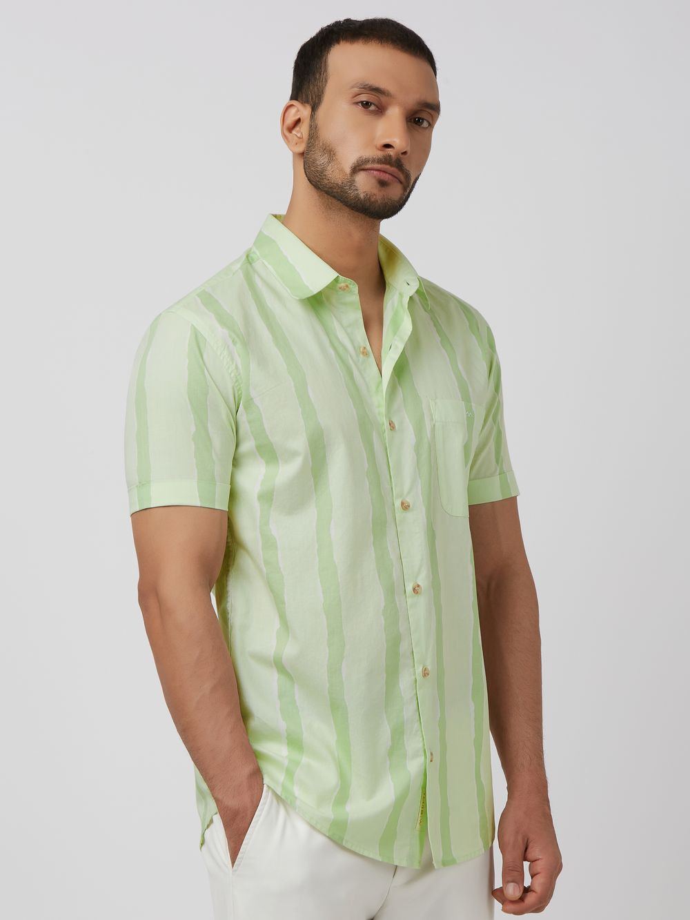 Light Green Painted Stripe Slim Fit Casual Shirt