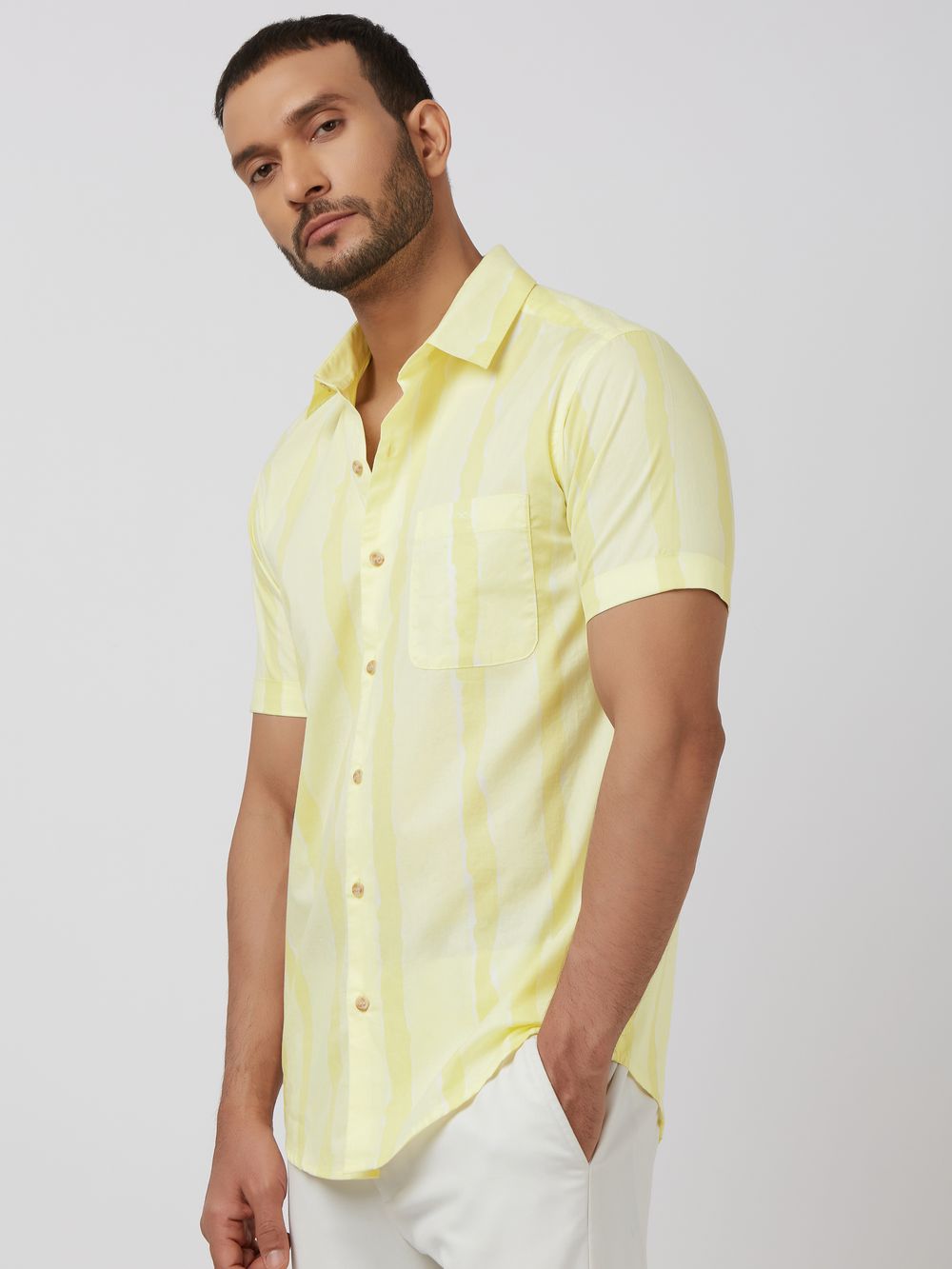 Light Yellow Painted Stripe Slim Fit Casual Shirt