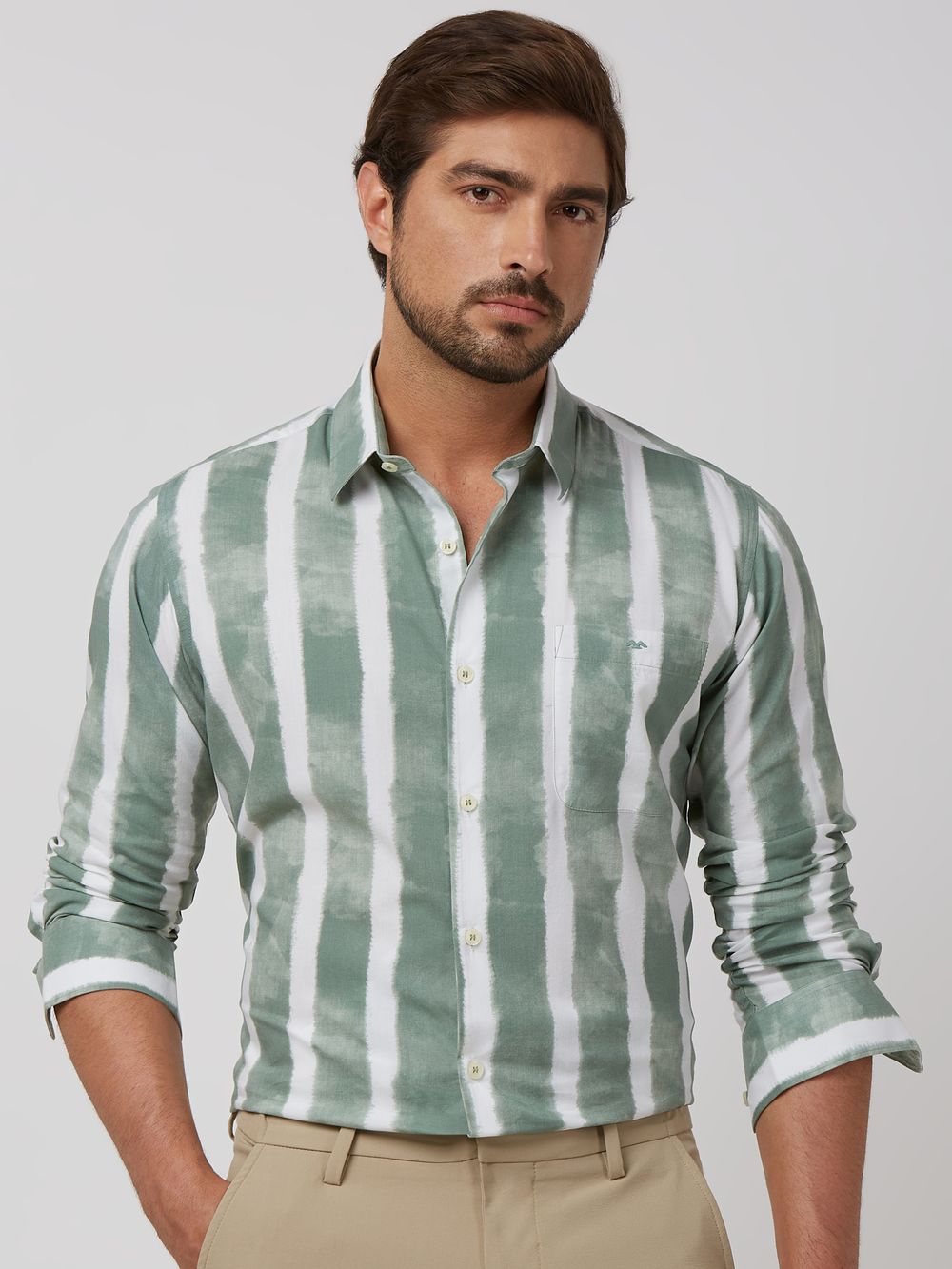 Green Painted Stripe Slim Fit Casual Shirt