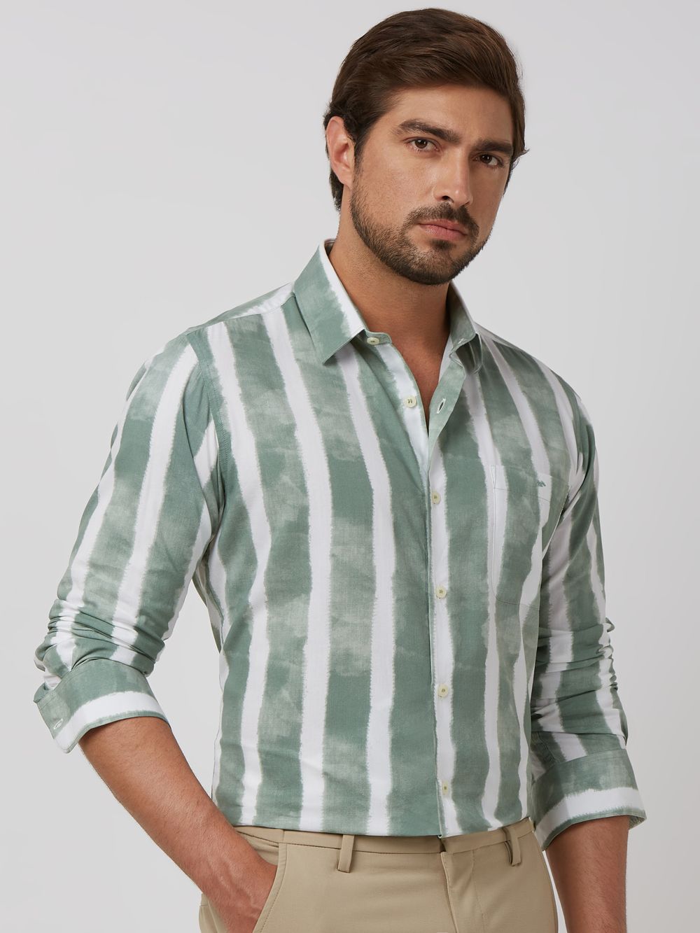 Green Painted Stripe Slim Fit Casual Shirt