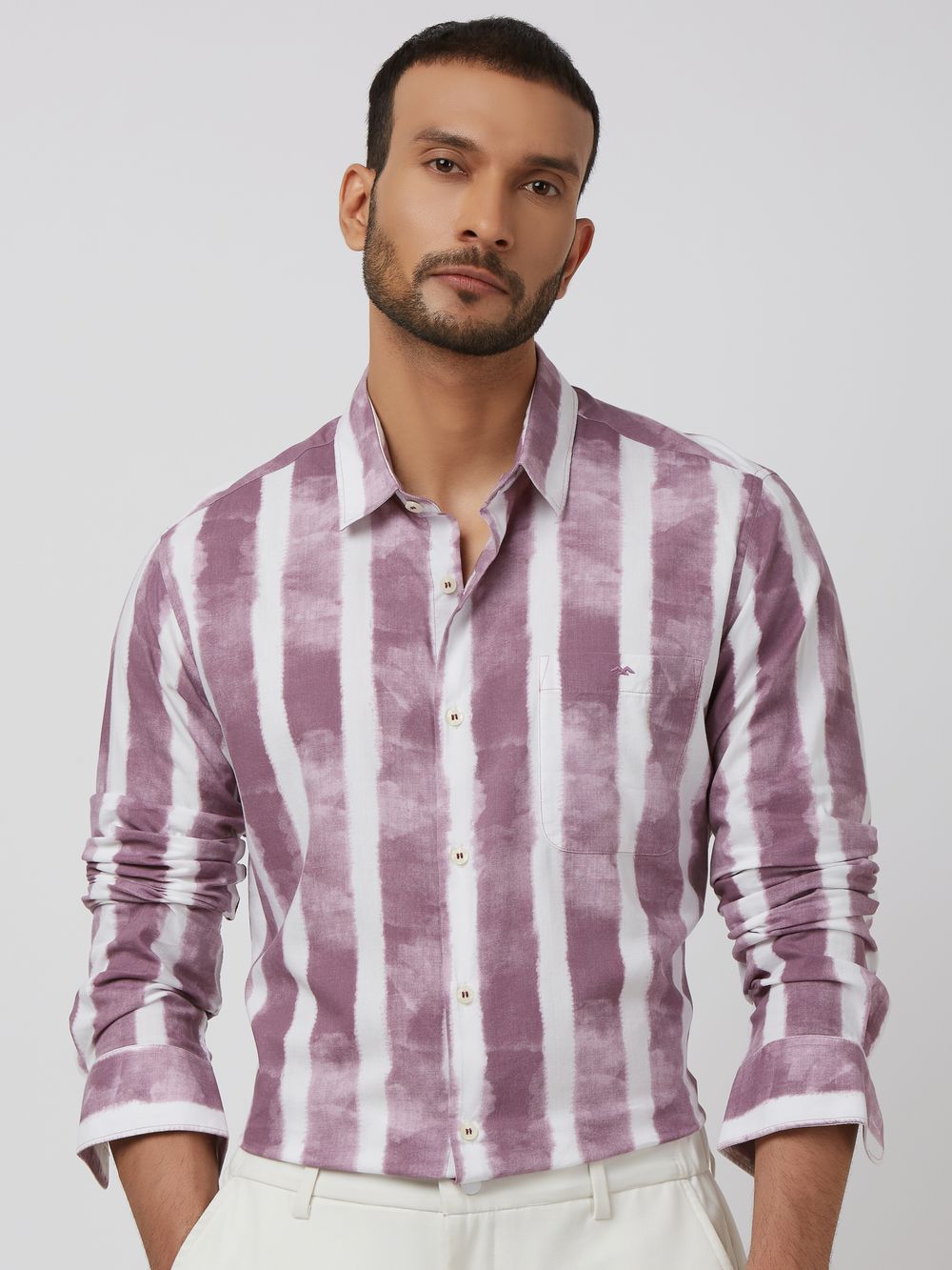 Lilac Painted Stripe Slim Fit Casual Shirt