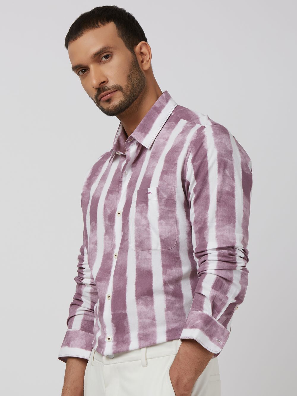 Lilac Painted Stripe Slim Fit Casual Shirt