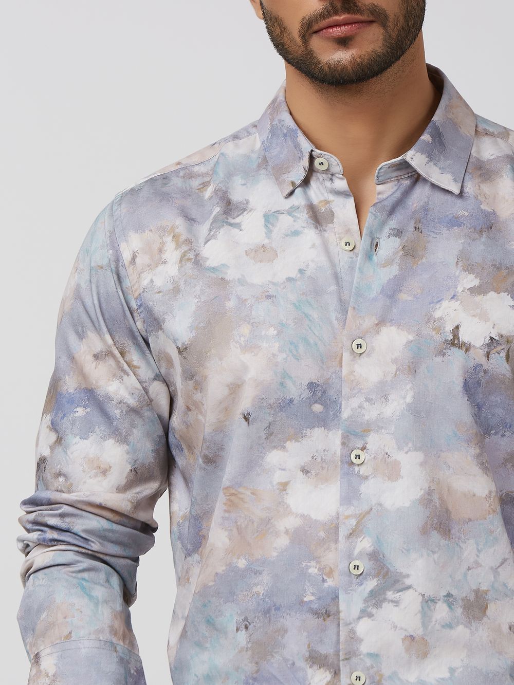 Lilac Floral Print Slim Fit Casual Shirt
