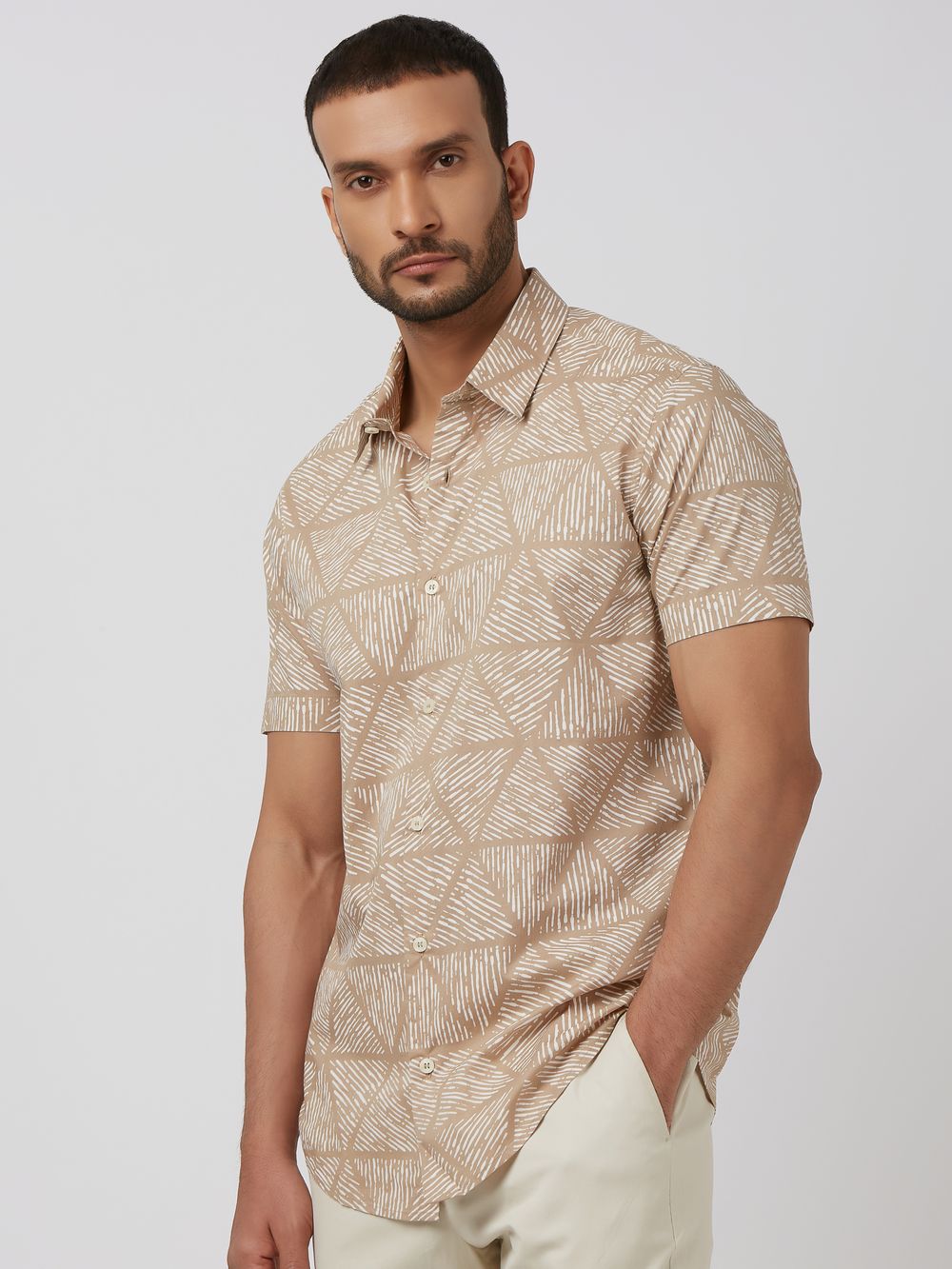 Khaki Lightweight Print Slim Fit Casual Shirt
