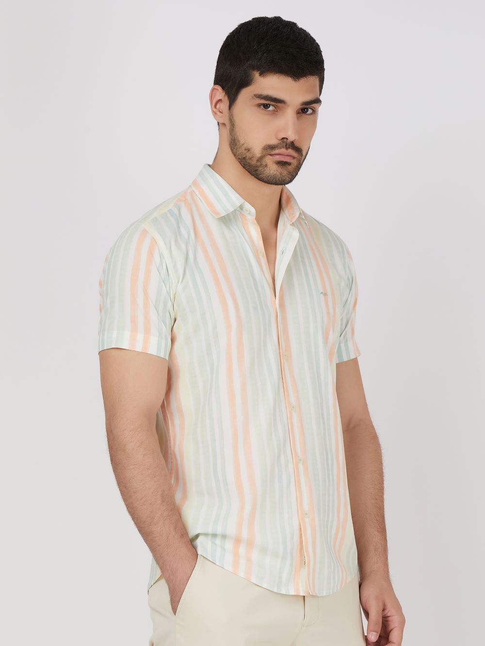 Multicolour Painted Stripe Slim Fit Casual Shirt