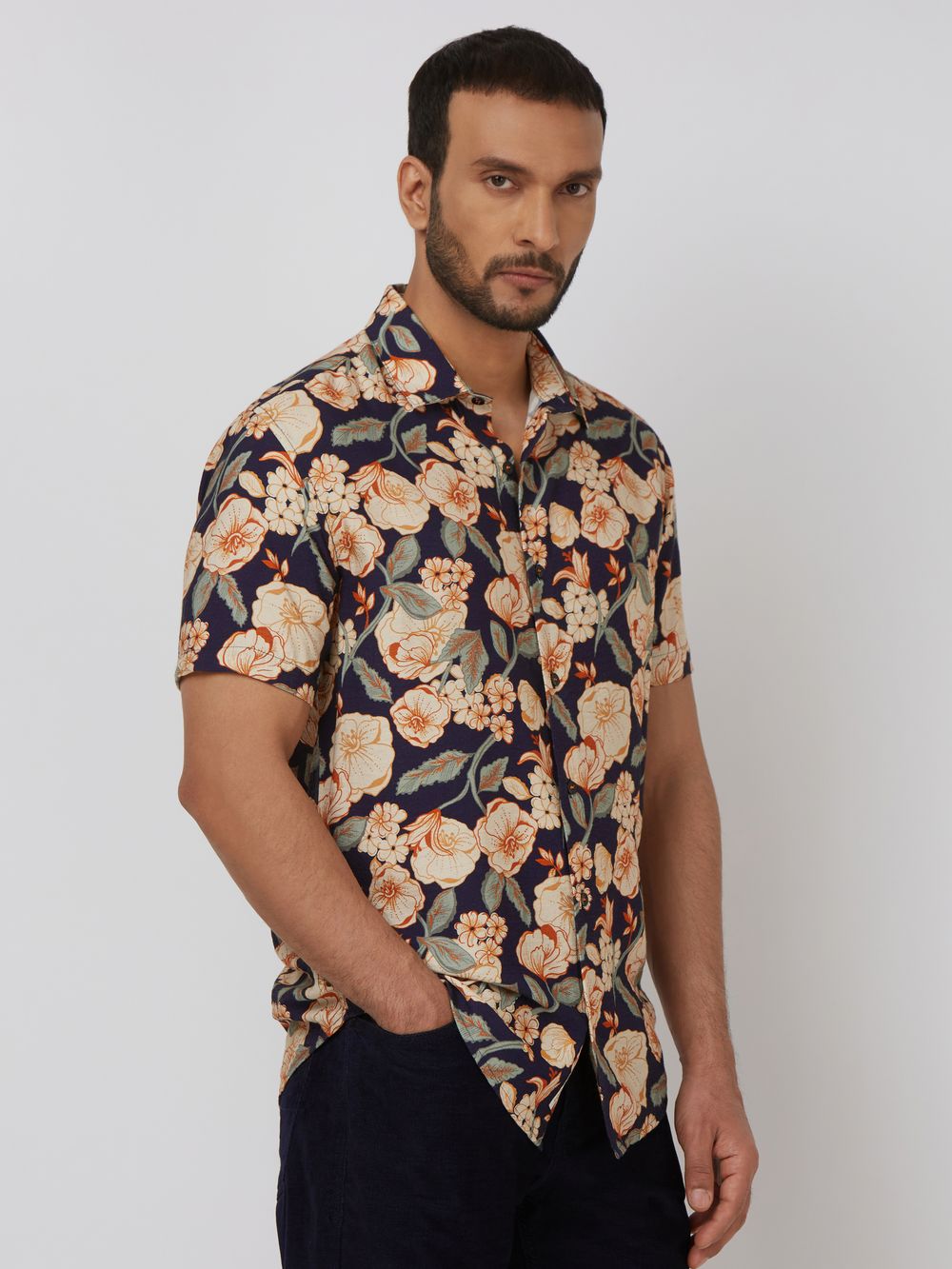 Navy Floral Print Slim Fit Casual Shirt