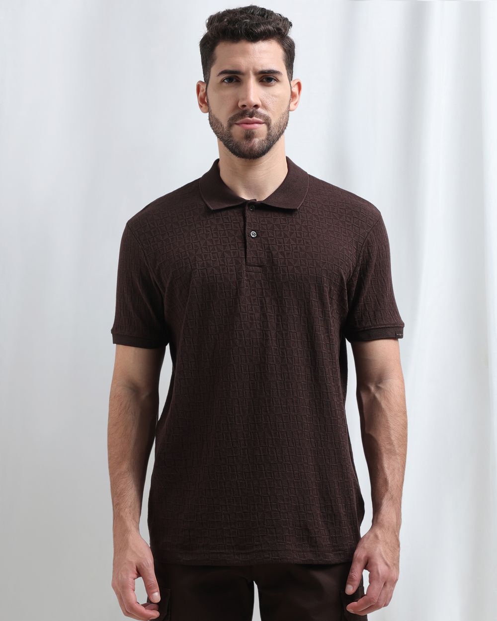 Brown Jacquard Plain Polo