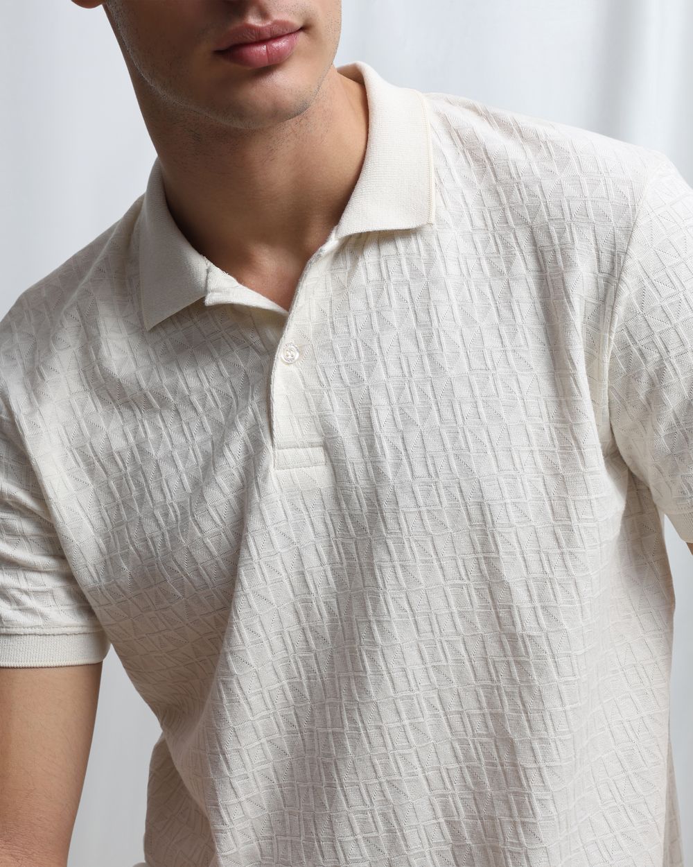 Off White Jacquard Plain Polo