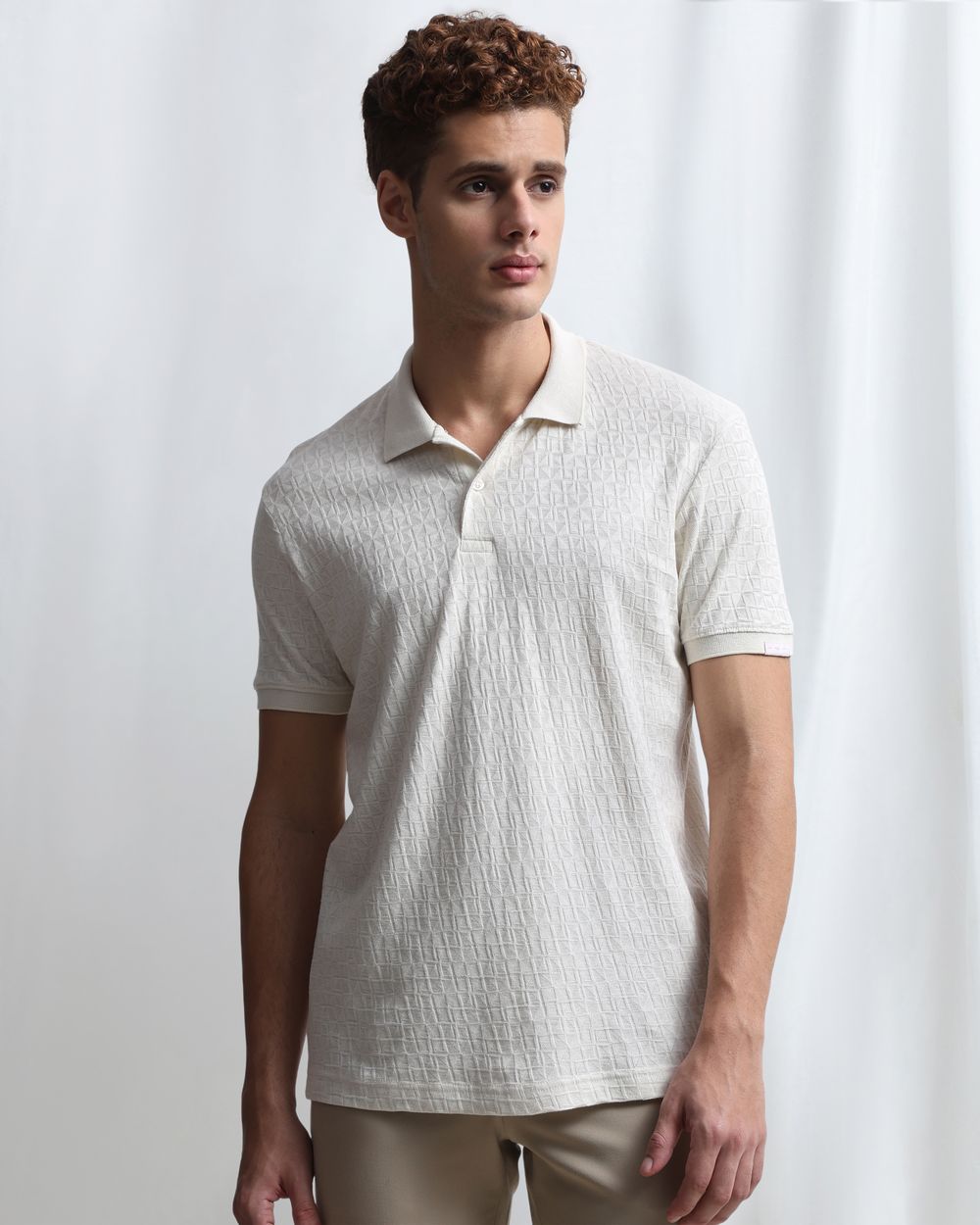 Off White Jacquard Plain Polo