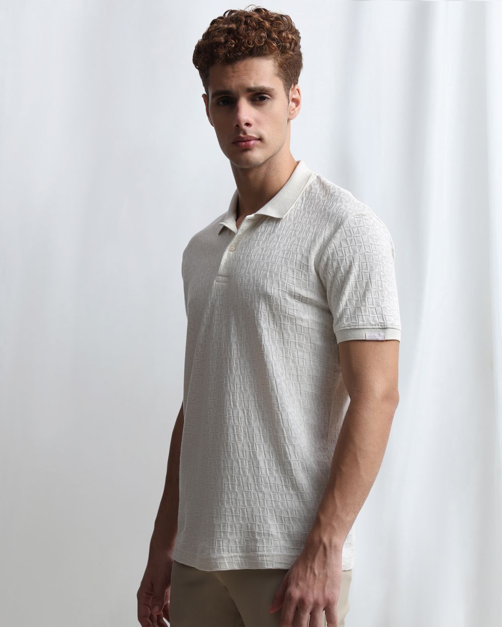 Off White Jacquard Plain Polo