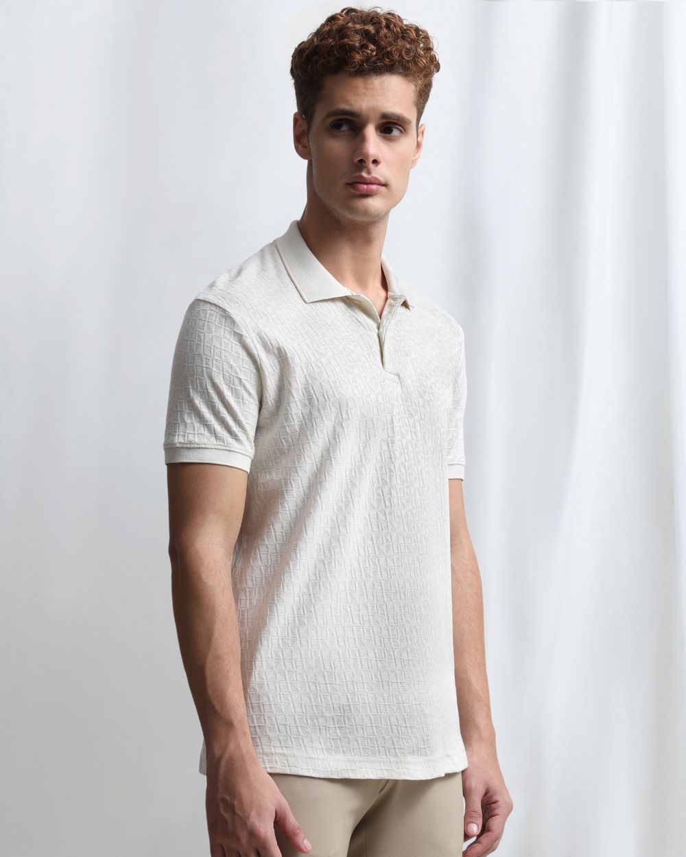 Off White Jacquard Plain Polo