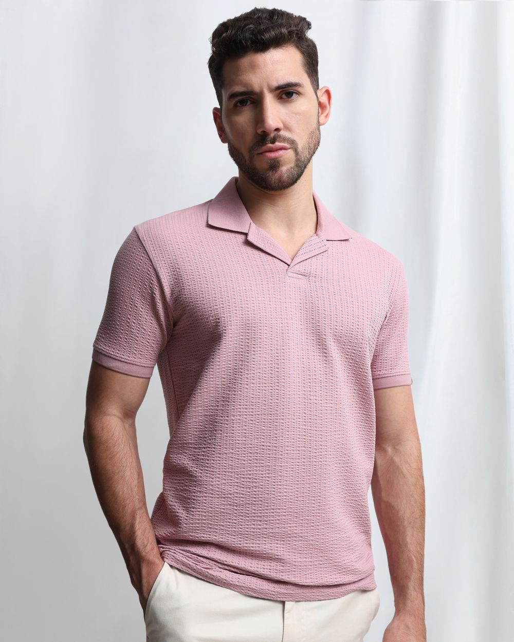 Pink Seersucker Knit Resort Polo