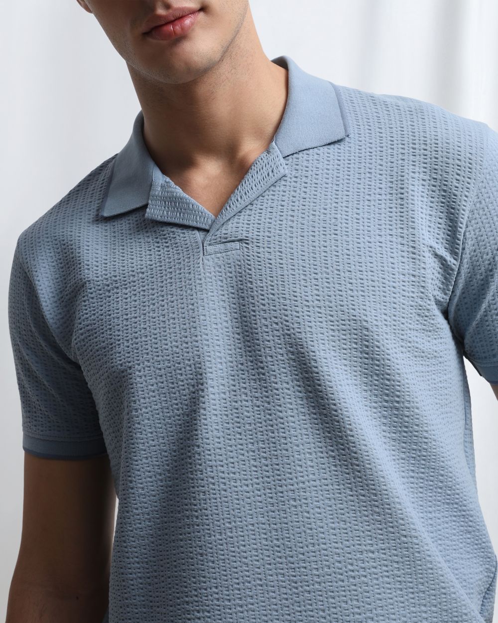 Blue Seersucker Knit Resort Polo
