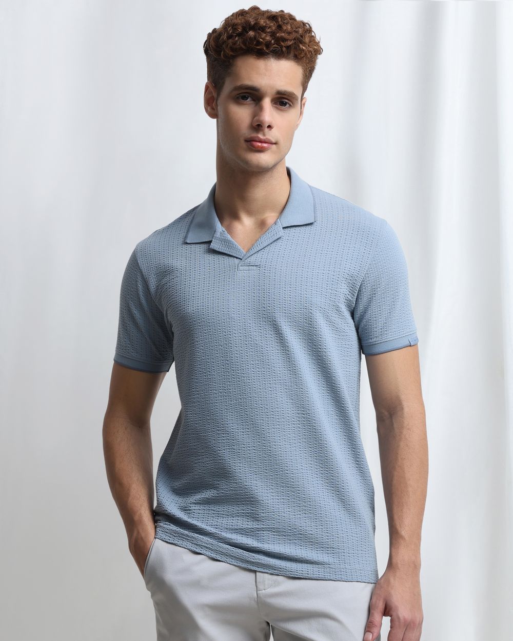 Blue Seersucker Knit Resort Polo