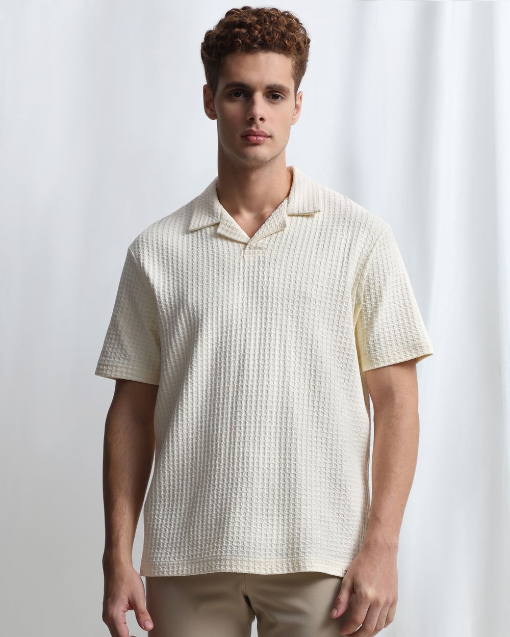 Off White Jacquard Plain Resort Polo