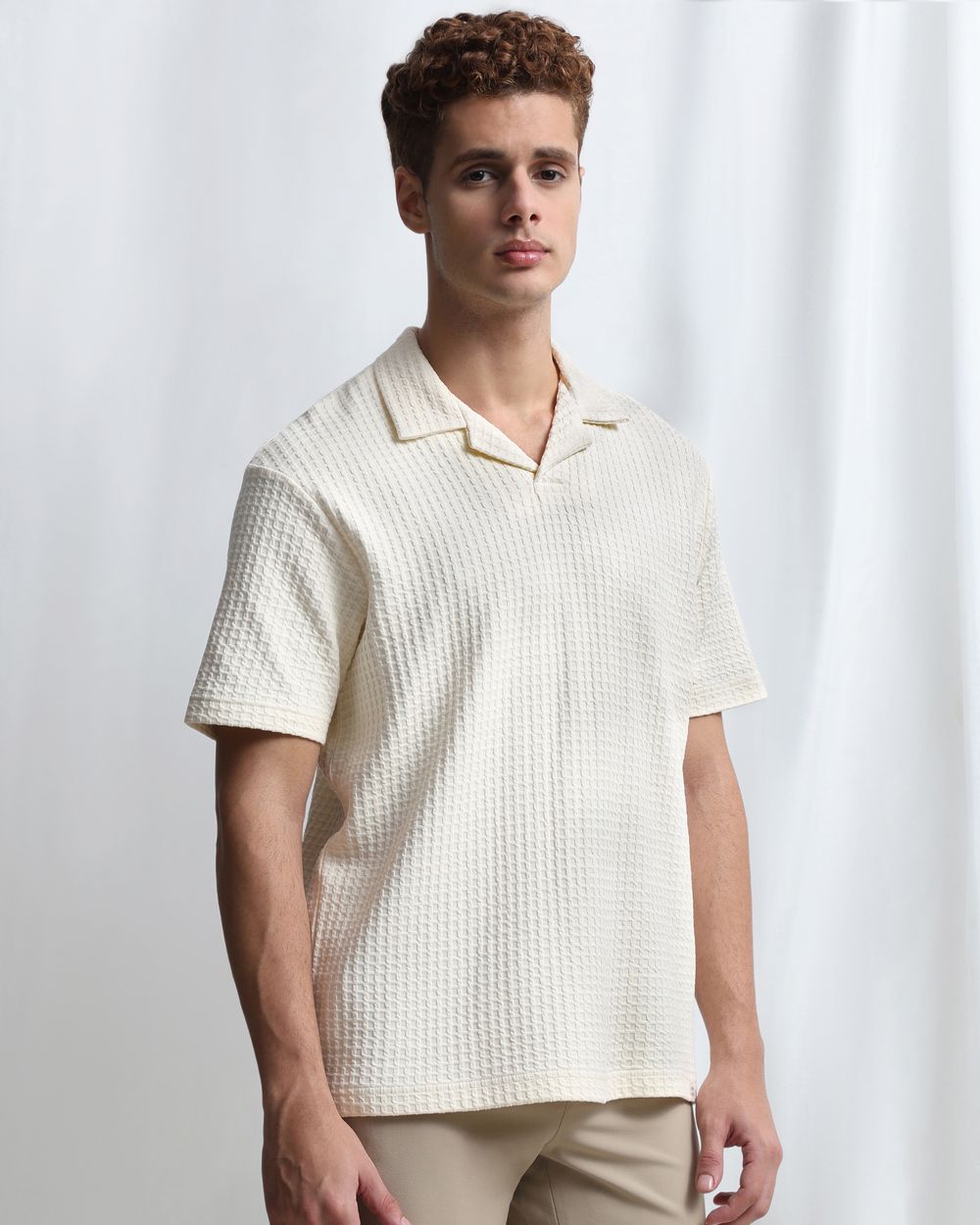 Off White Jacquard Plain Resort Polo