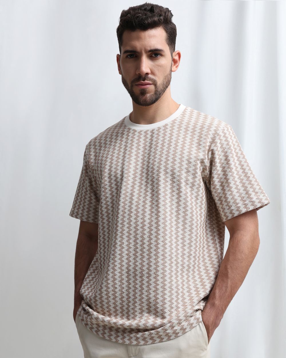 Beige Chevron Knit T-Shirt