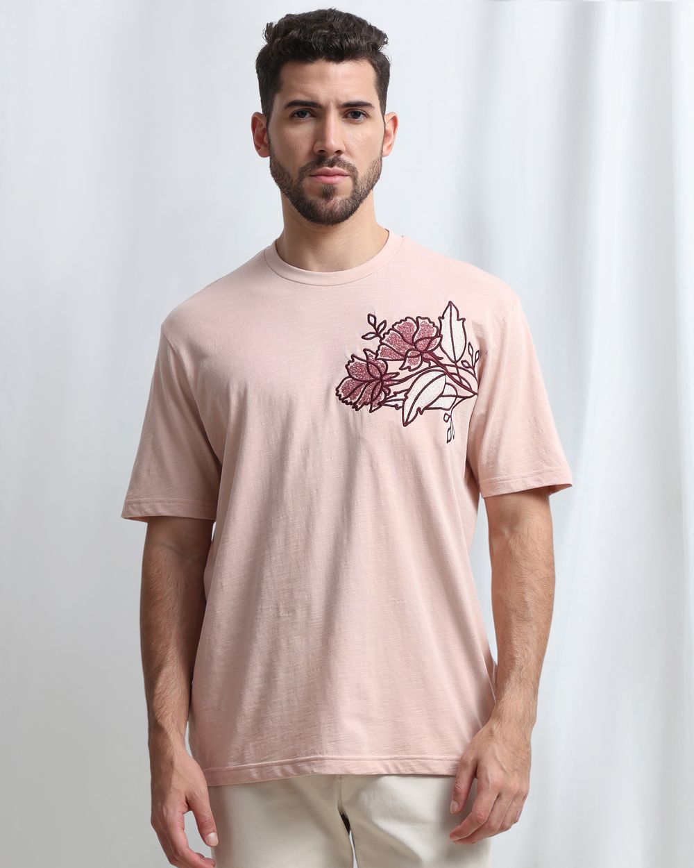Peach Embroidered Plain T-Shirt