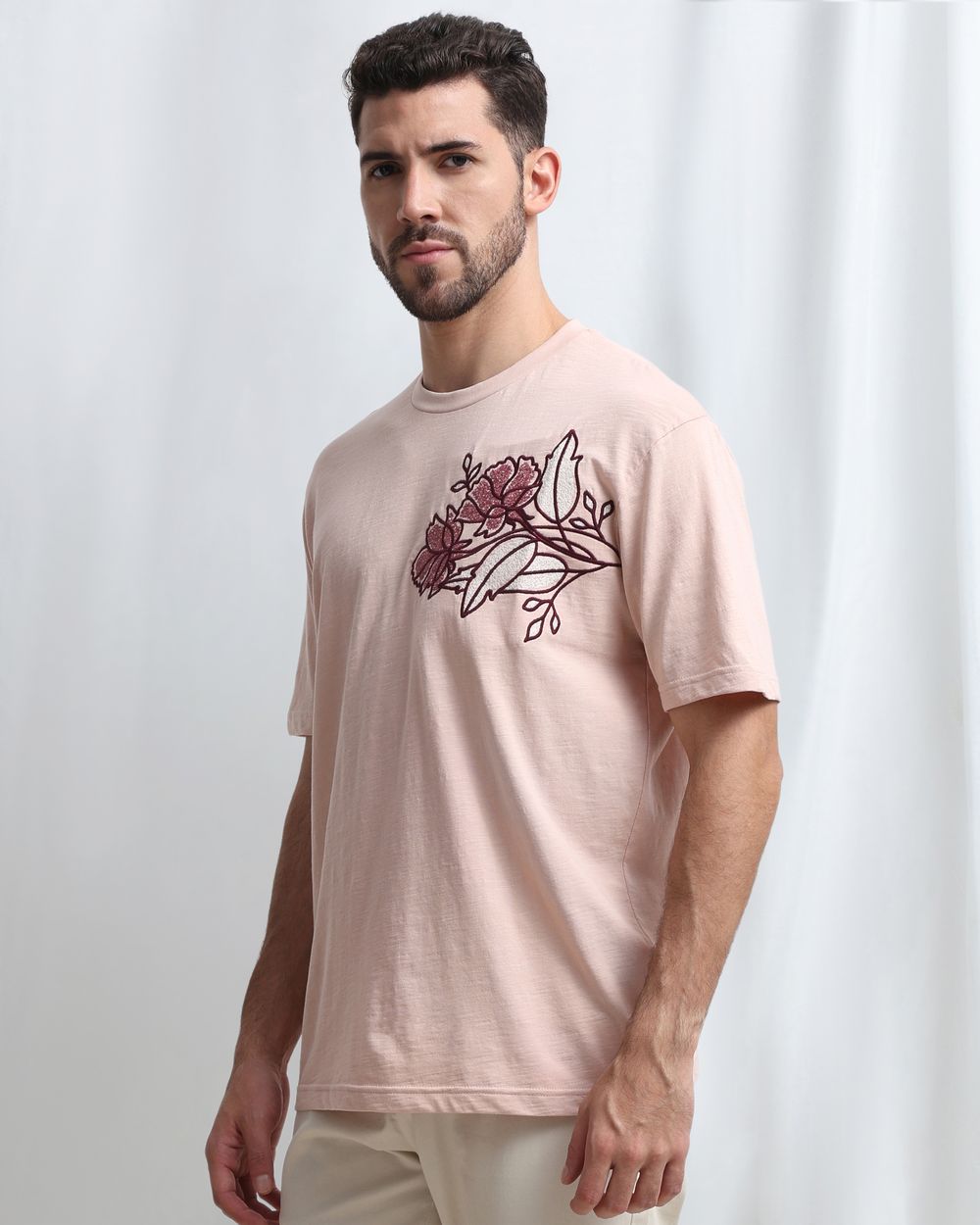 Peach Embroidered Plain T-Shirt