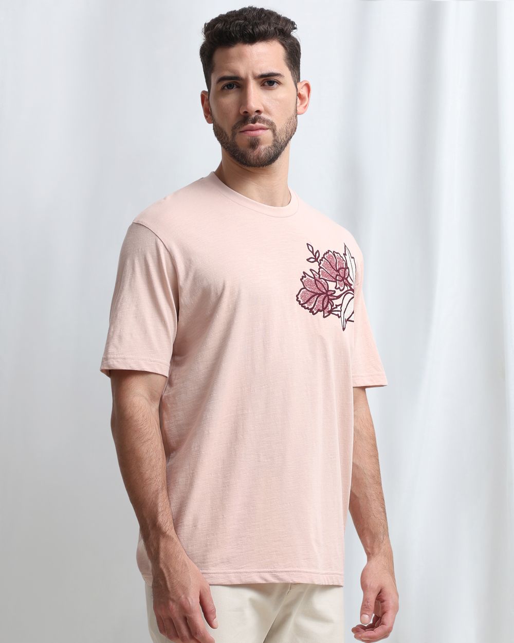 Peach Embroidered Plain T-Shirt