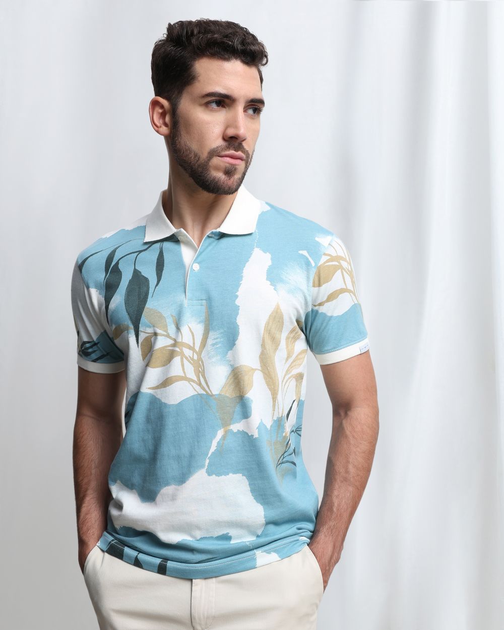 Light Blue Leaf Print Polo