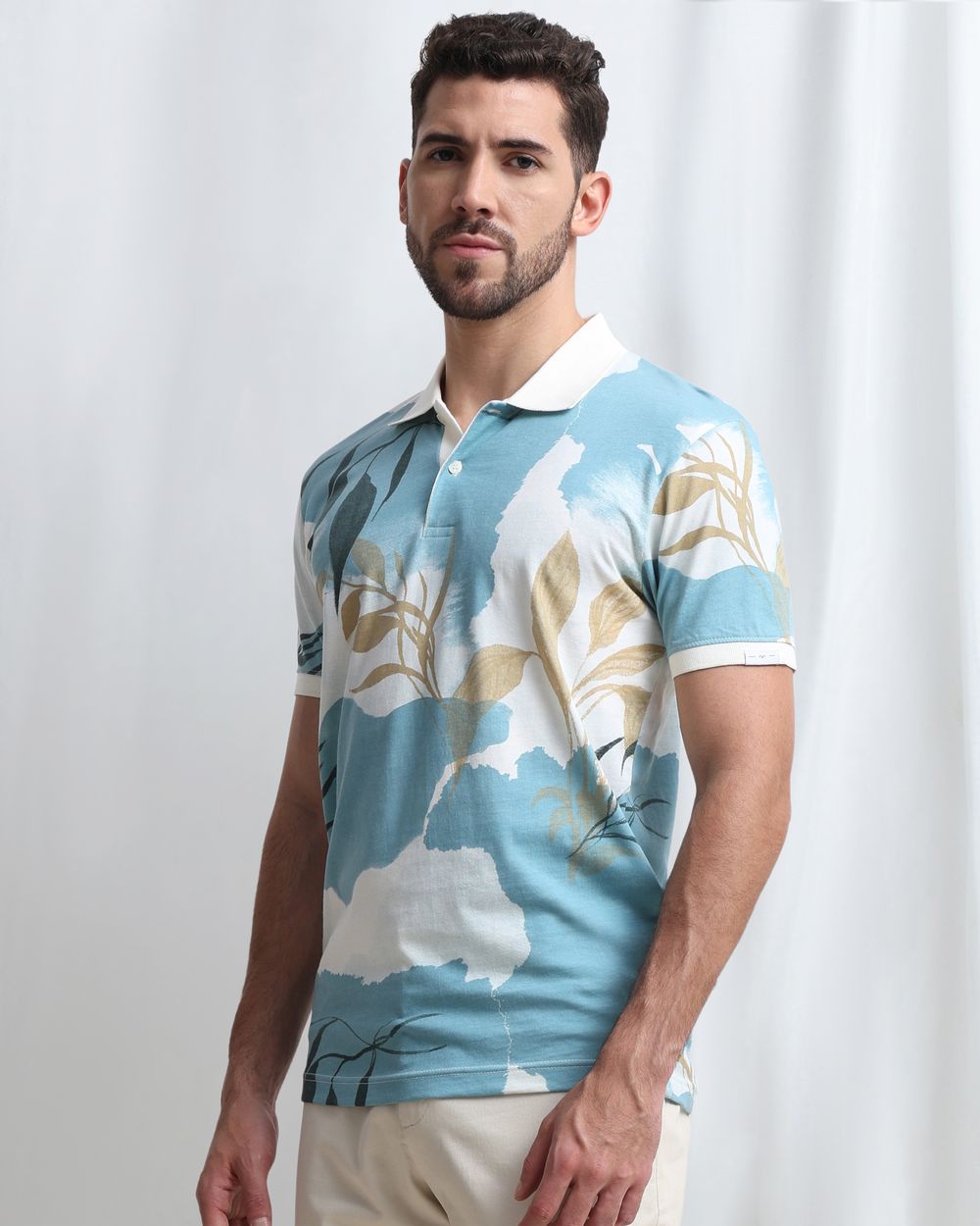 Light Blue Leaf Print Polo
