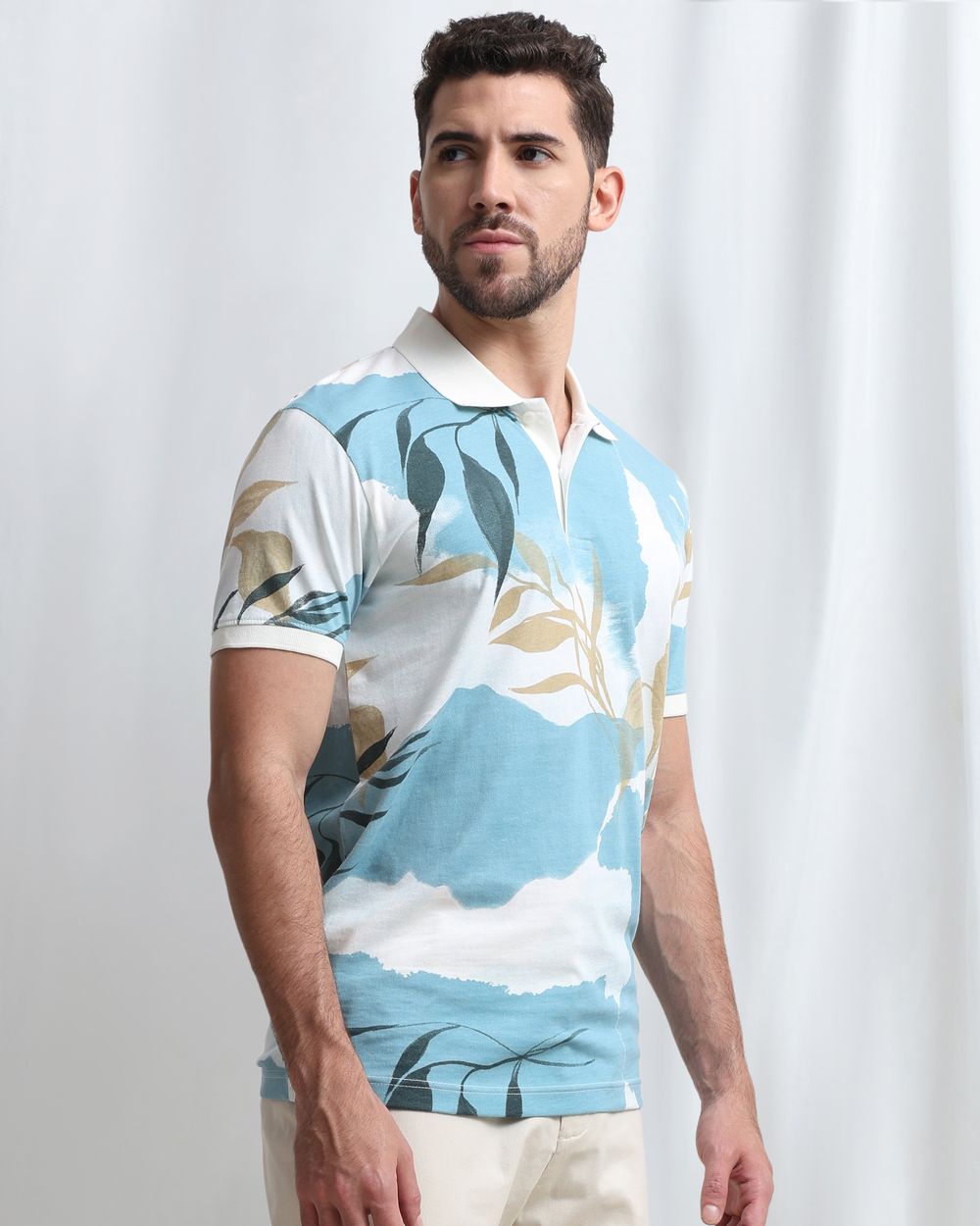 Light Blue Leaf Print Polo