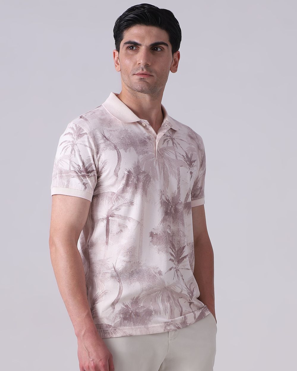 Pastel Pink Foliage Print Polo