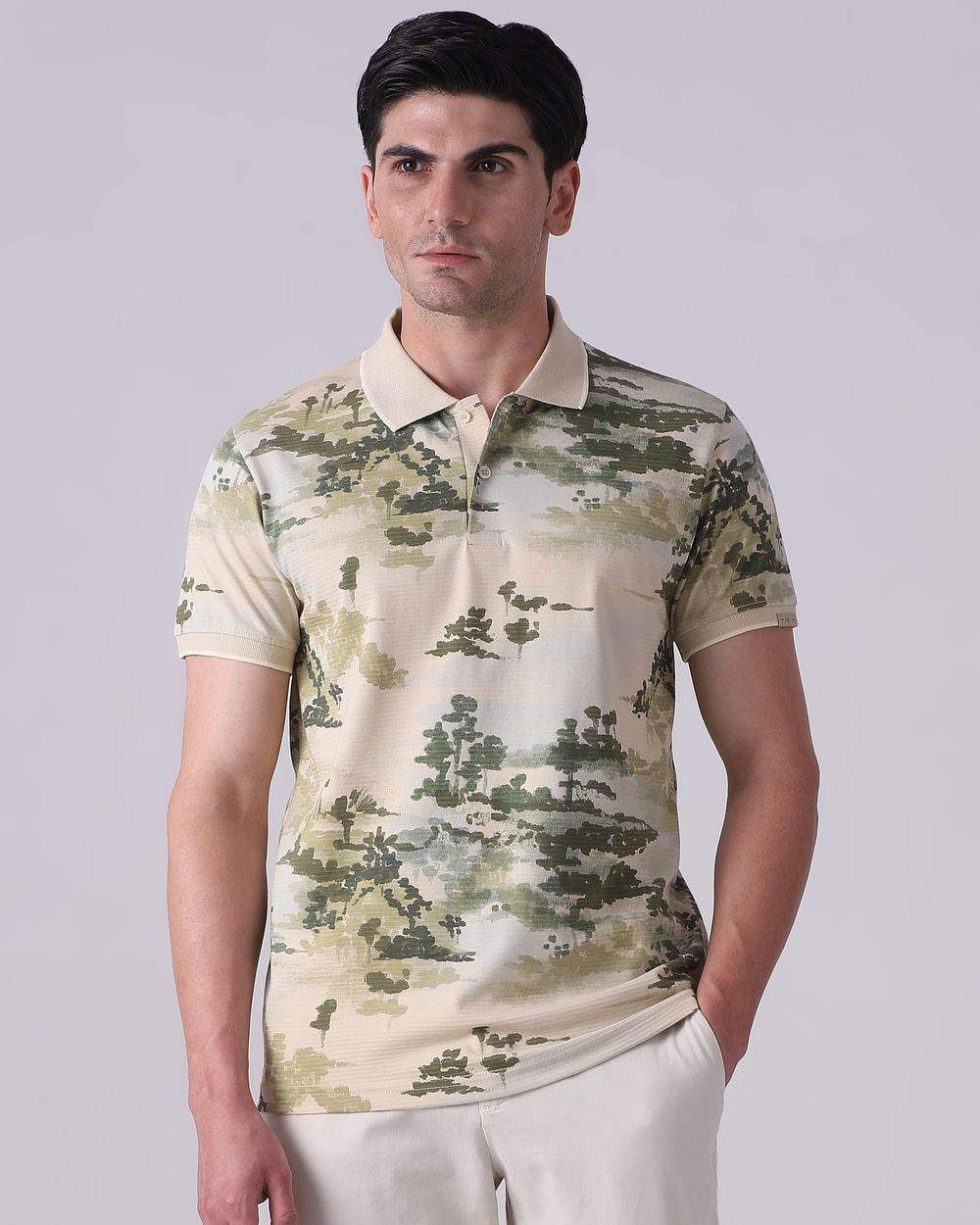 Beige Abstract Print Polo