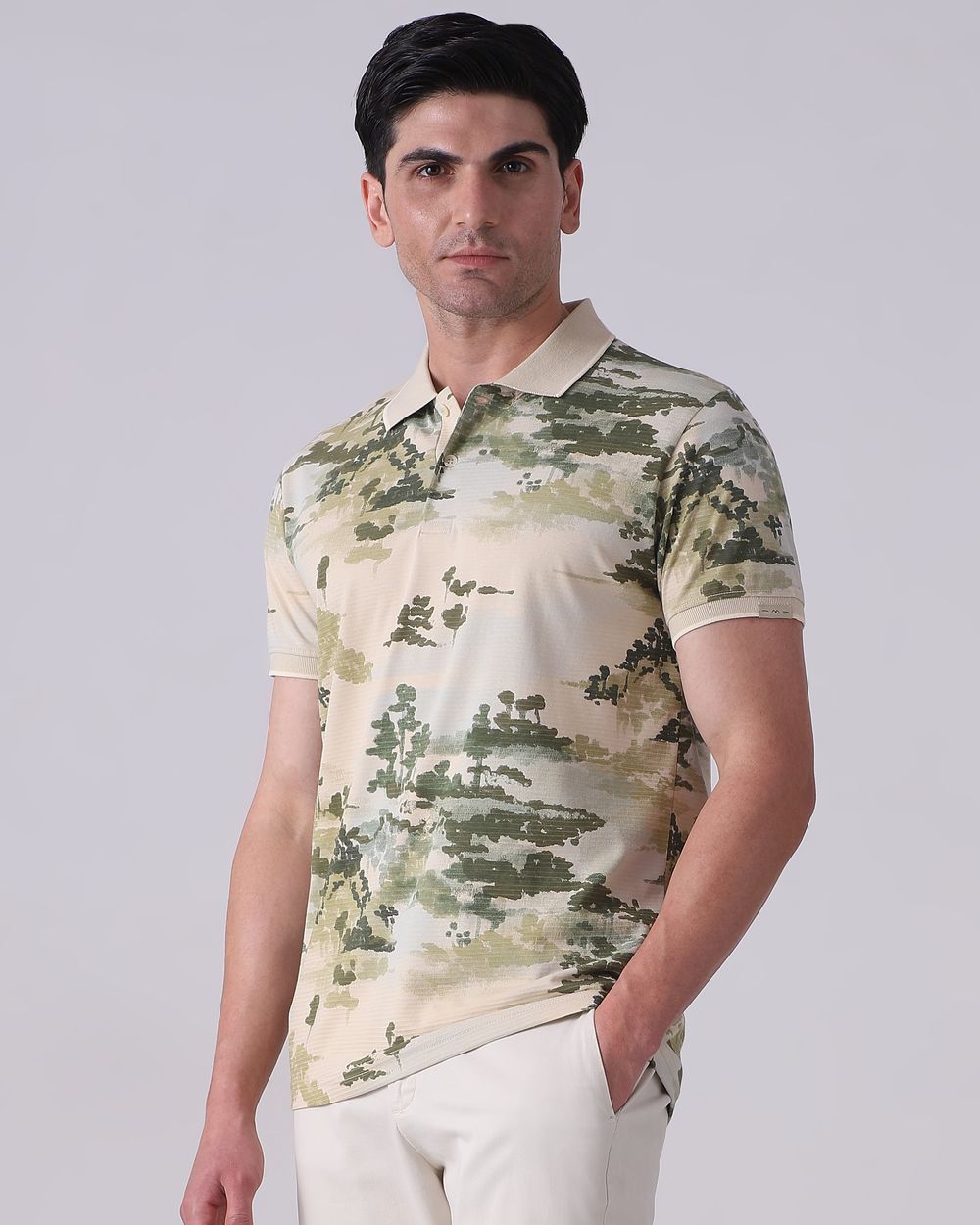 Beige Abstract Print Polo