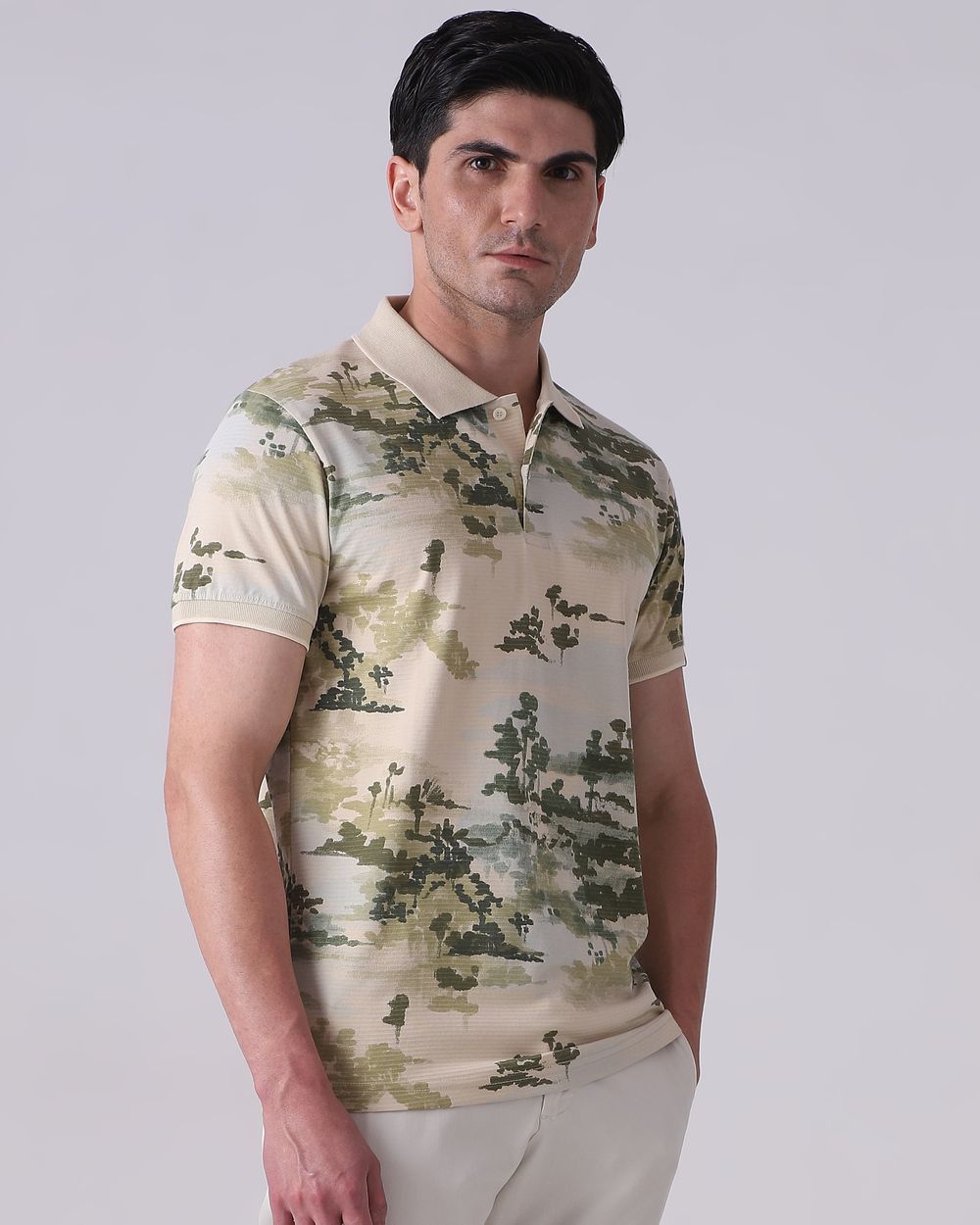 Beige Abstract Print Polo