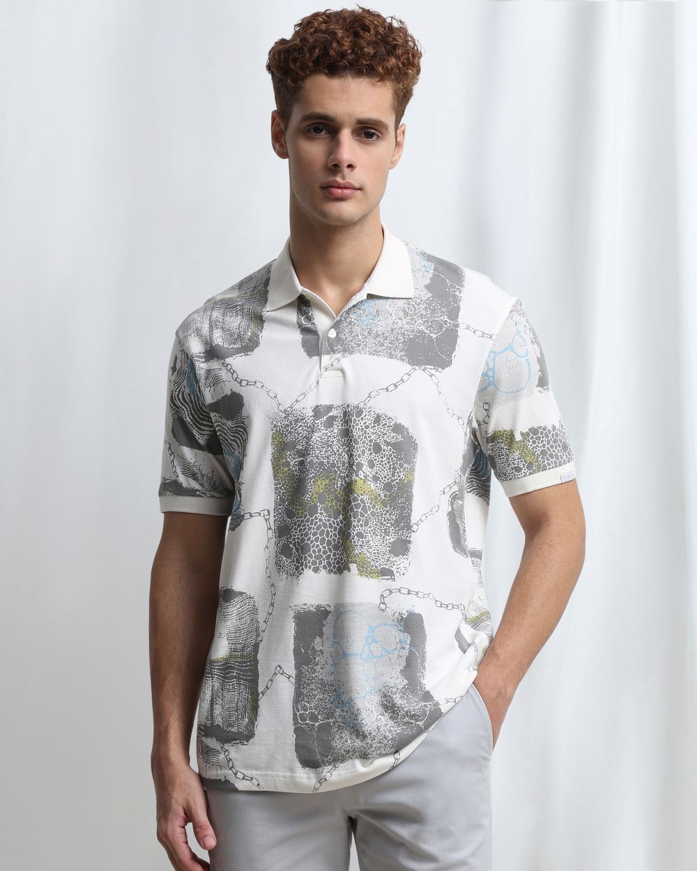 Off White Abstract Print Polo