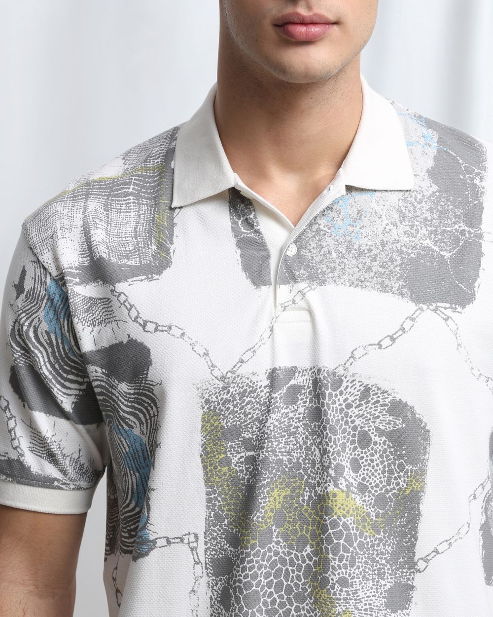 Off White Abstract Print Polo