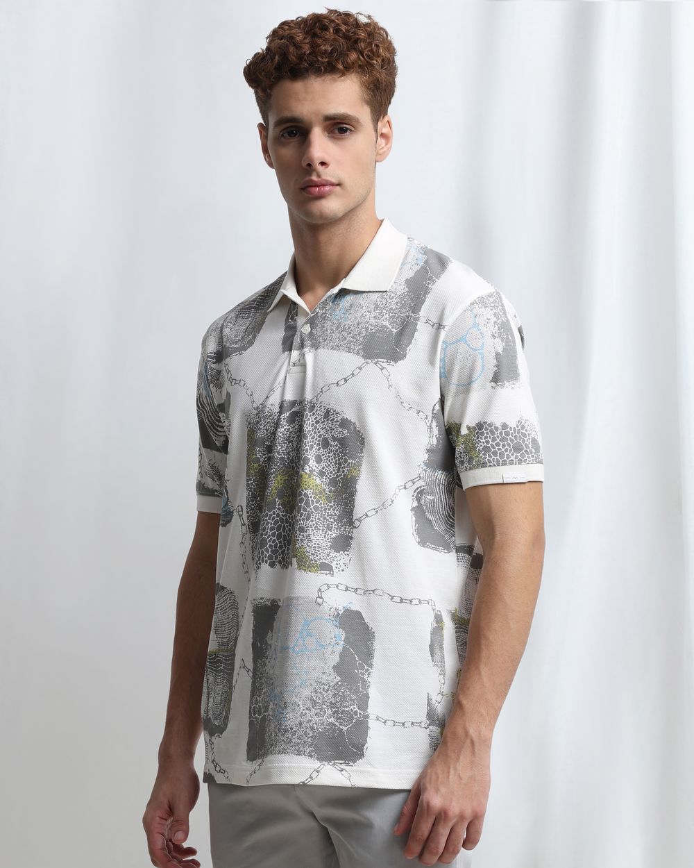 Off White Abstract Print Polo