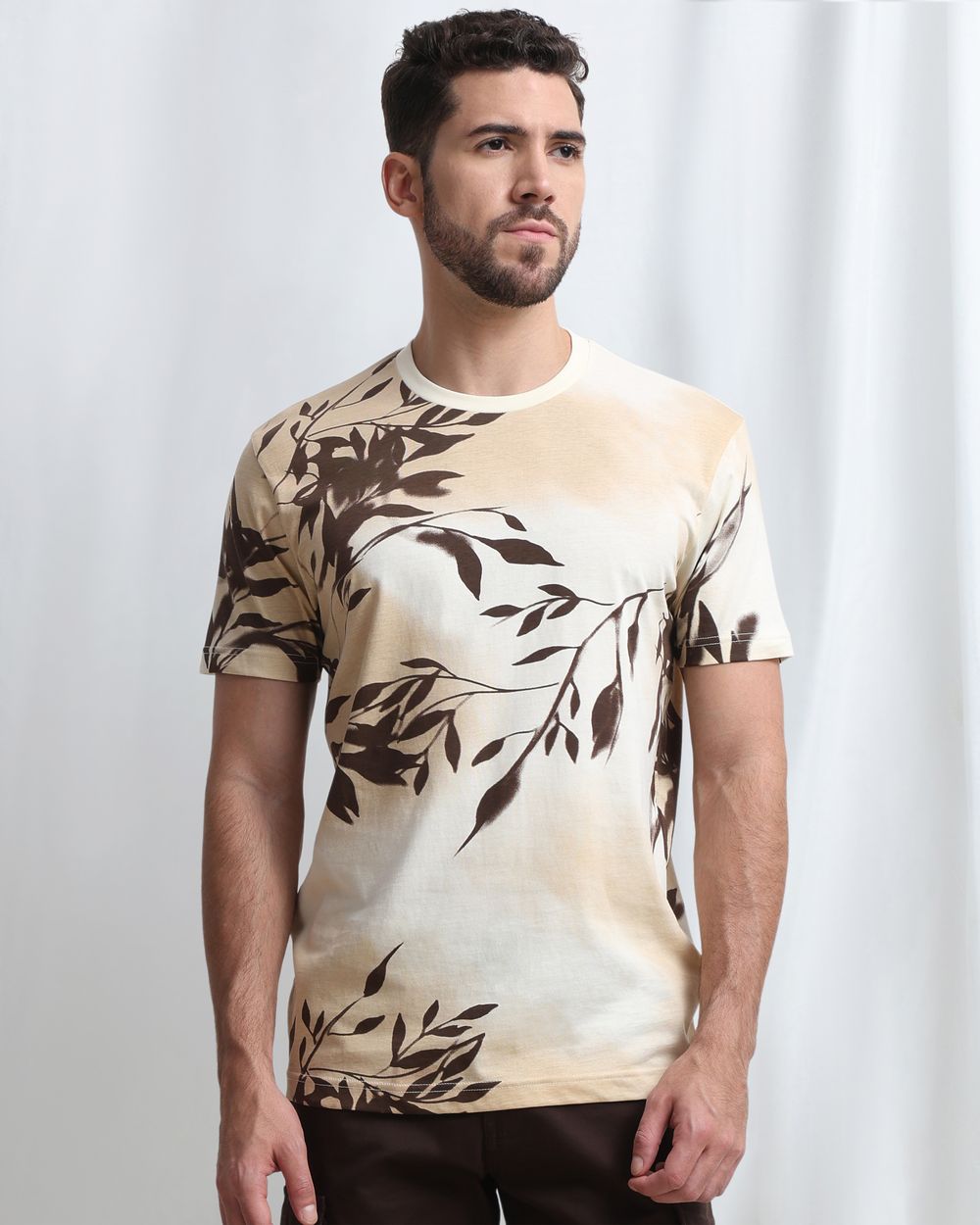 Beige Leaf Print T-Shirt